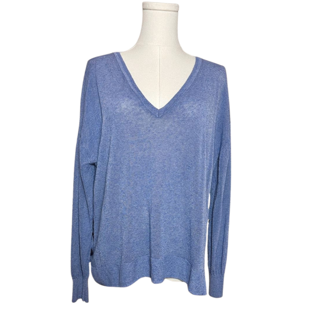 J Crew Women's Blue Deep V Neck Linen Button Hem Long Sleeve Sweater Large